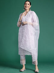 Indo Era Lavender Embroidered Straight Kurta Trousers With Dupatta set