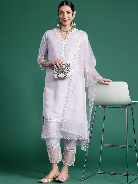 Indo Era Lavender Embroidered Straight Kurta Trousers With Dupatta set