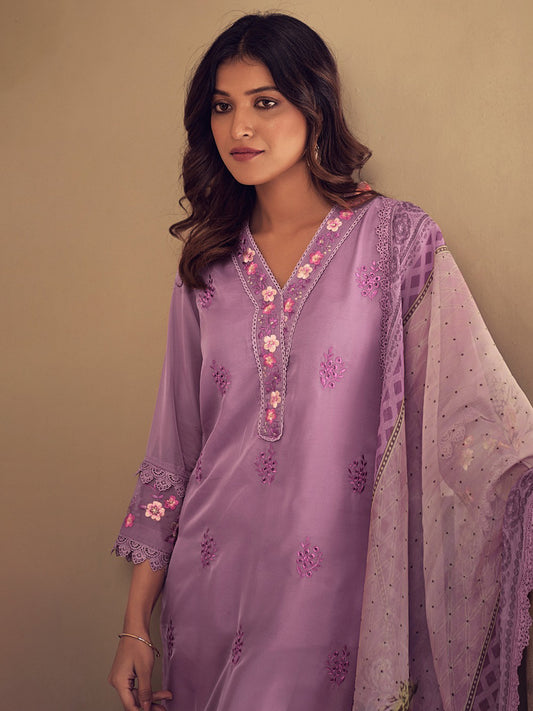 Indo Era Lavender Embroidered Straight Kurta Trousers With Dupatta set