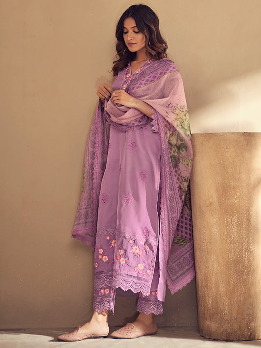 Indo Era Lavender Embroidered Straight Kurta Trousers With Dupatta set