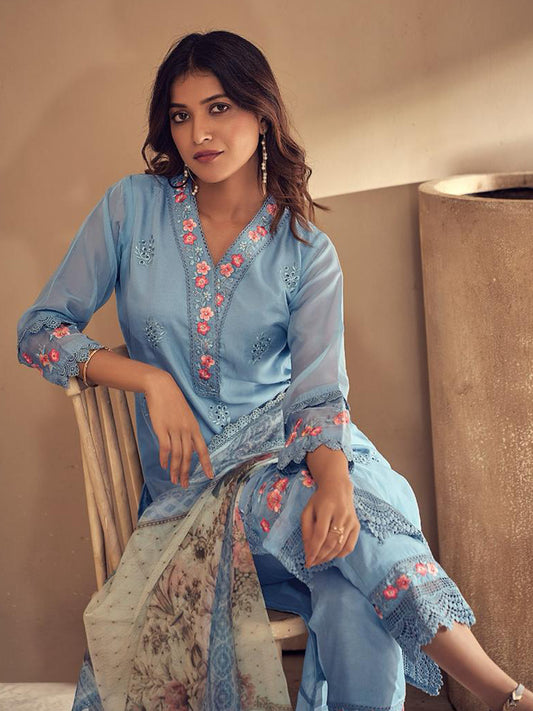 Indo Era Blue Embroidered Straight Kurta Trousers With Dupatta set