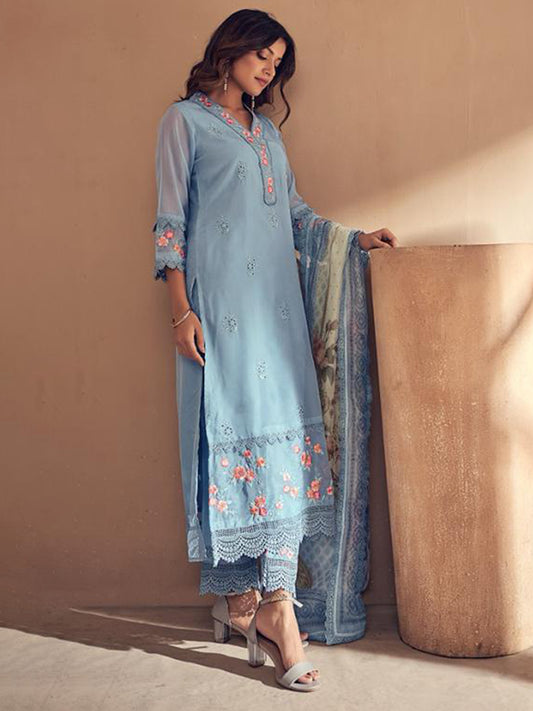 Indo Era Blue Embroidered Straight Kurta Trousers With Dupatta set