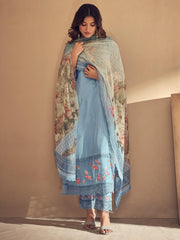 Indo Era Blue Embroidered Straight Kurta Trousers With Dupatta set