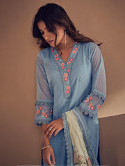 Indo Era Blue Embroidered Straight Kurta Trousers With Dupatta set