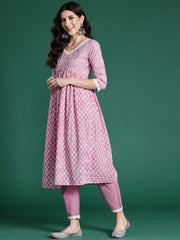 Indo Era Pink Printed A-Line Kurta Trousers With Dupatta set