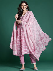 Indo Era Pink Printed A-Line Kurta Trousers With Dupatta set