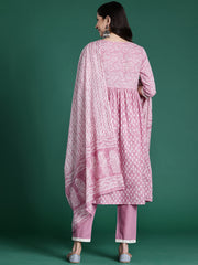 Indo Era Pink Printed A-Line Kurta Trousers With Dupatta set