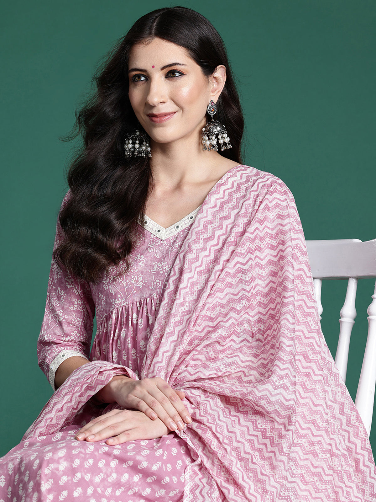 Indo Era Pink Printed A-Line Kurta Trousers With Dupatta set