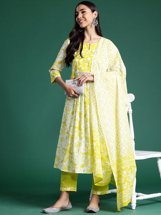 Indo Era Green Printed A-Line Kurta Trousers With Dupatta set