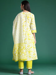 Indo Era Green Printed A-Line Kurta Trousers With Dupatta set