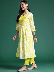 Indo Era Green Printed A-Line Kurta Trousers With Dupatta set