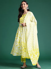 Indo Era Green Printed A-Line Kurta Trousers With Dupatta set