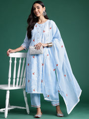 Indo Era Blue Embroidered Straight Kurta Trousers With Dupatta set