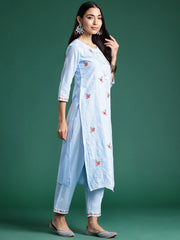 Indo Era Blue Embroidered Straight Kurta Trousers With Dupatta set