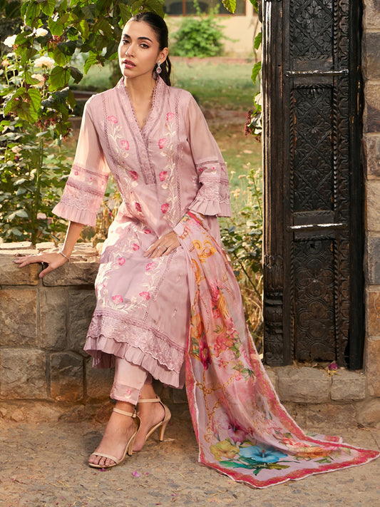 Indo Era Mauve Embroidered A-Line Kurta Trousers With Dupatta set