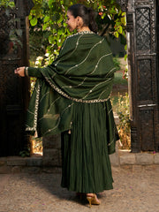 Indo Era Green Embroidered A-Line Kurta Trousers With Dupatta set