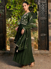 Indo Era Green Embroidered A-Line Kurta Trousers With Dupatta set