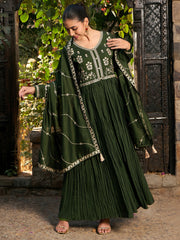 Indo Era Green Embroidered A-Line Kurta Trousers With Dupatta set