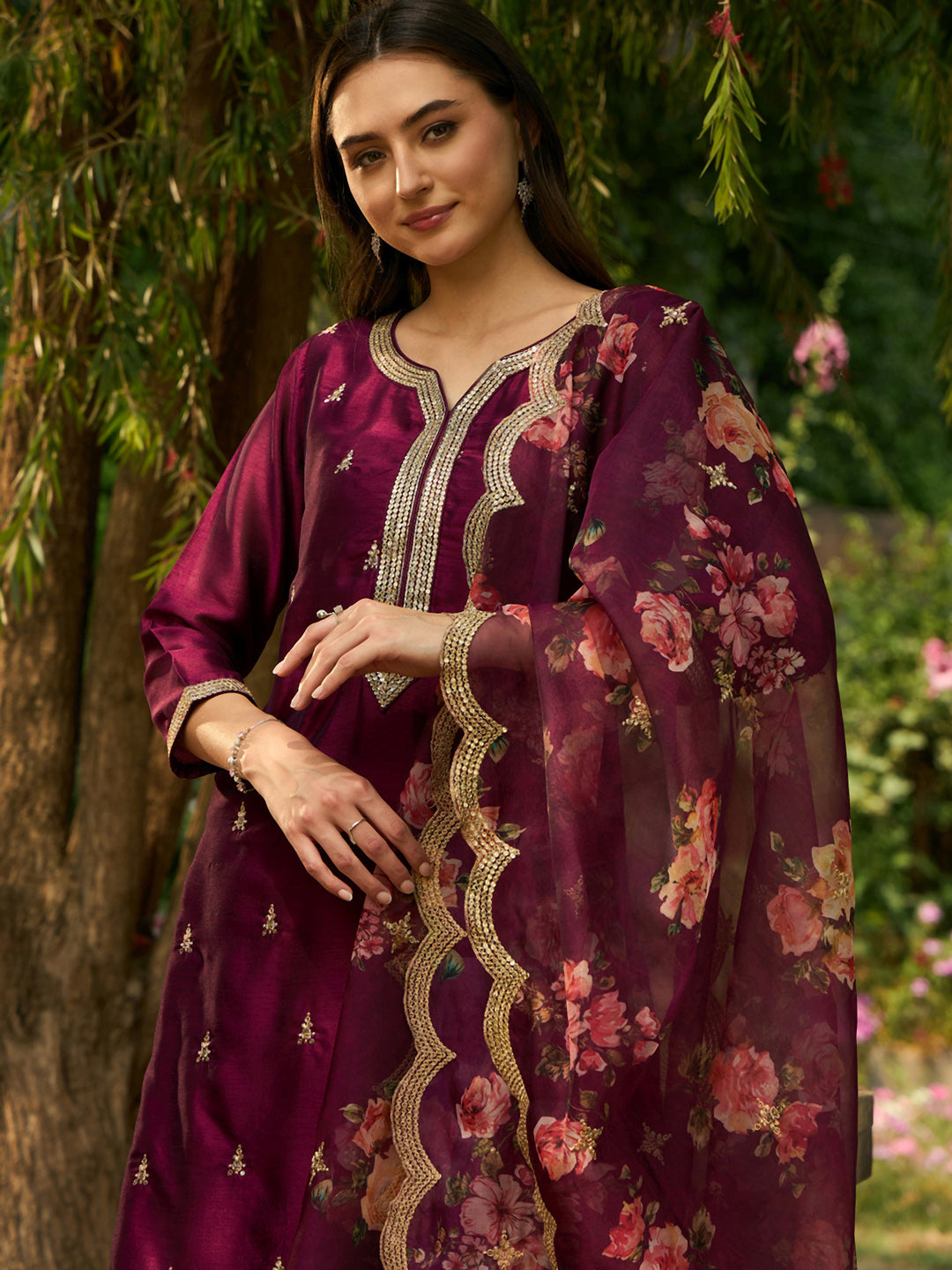 Indo Era Burgundy Embroidered Straight Kurta Trousers With Dupatta set