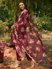 Indo Era Burgundy Embroidered Straight Kurta Trousers With Dupatta set