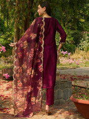 Indo Era Burgundy Embroidered Straight Kurta Trousers With Dupatta set