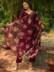 Indo Era Burgundy Embroidered Straight Kurta Trousers With Dupatta set