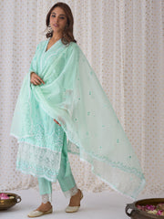 Indo Era Green Embroidered Straight Kurta Trousers With Dupatta set