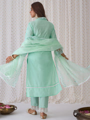 Indo Era Green Embroidered Straight Kurta Trousers With Dupatta set