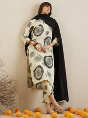 Indo Era Cream Printed Straight Kurta Trousers With Dupatta set