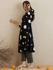 Indo Era Black Printed A-Line Kurta Trousers set