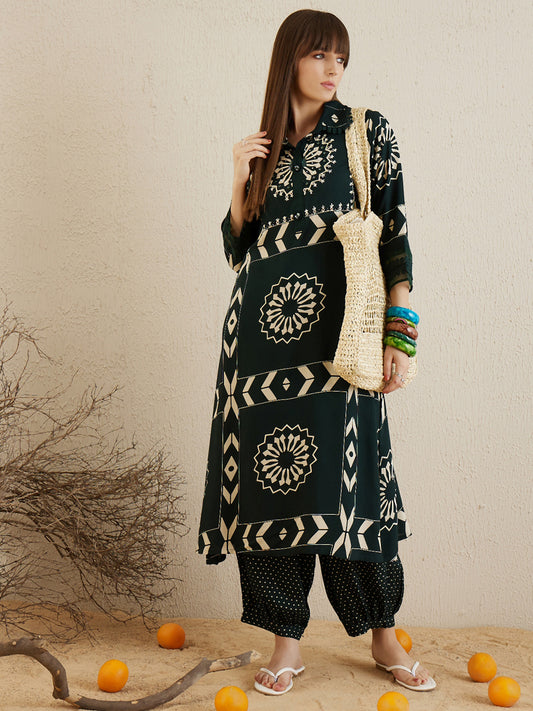 Indo Era Green Printed A-Line Kurta Trousers set