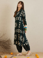 Indo Era Green Printed A-Line Kurta Trousers set