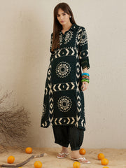 Indo Era Green Printed A-Line Kurta Trousers set