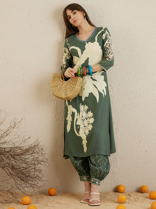 Indo Era Green Printed A-Line Kurta Salwar set