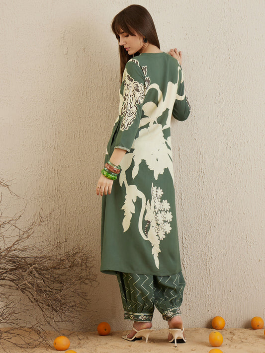 Indo Era Green Printed A-Line Kurta Salwar set