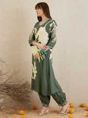 Indo Era Green Printed A-Line Kurta Salwar set