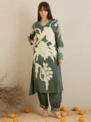 Indo Era Green Printed A-Line Kurta Salwar set