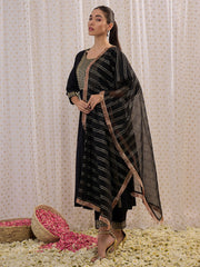 Indo Era Black Yoke Design A-Line Kurta Trousers With Dupatta set