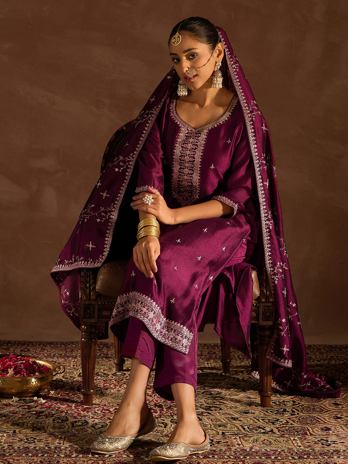 Indo Era Burgundy Embroidered Straight Kurta Trousers With Dupatta set