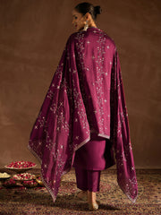 Indo Era Burgundy Embroidered Straight Kurta Trousers With Dupatta set