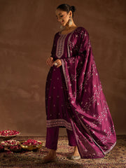 Indo Era Burgundy Embroidered Straight Kurta Trousers With Dupatta set