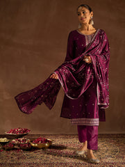 Indo Era Burgundy Embroidered Straight Kurta Trousers With Dupatta set