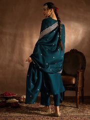 Indo Era Teal Embroidered Straight Kurta Trousers With Dupatta set