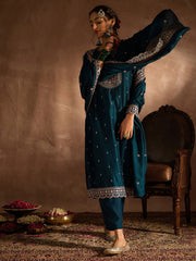 Indo Era Teal Embroidered Straight Kurta Trousers With Dupatta set