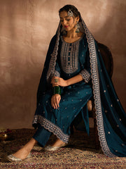 Indo Era Teal Embroidered Straight Kurta Trousers With Dupatta set