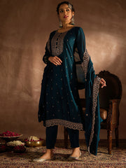 Indo Era Teal Embroidered Straight Kurta Trousers With Dupatta set