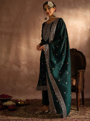 Indo Era Green Embroidered Straight Kurta Trousers With Dupatta set