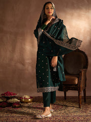 Indo Era Green Embroidered Straight Kurta Trousers With Dupatta set