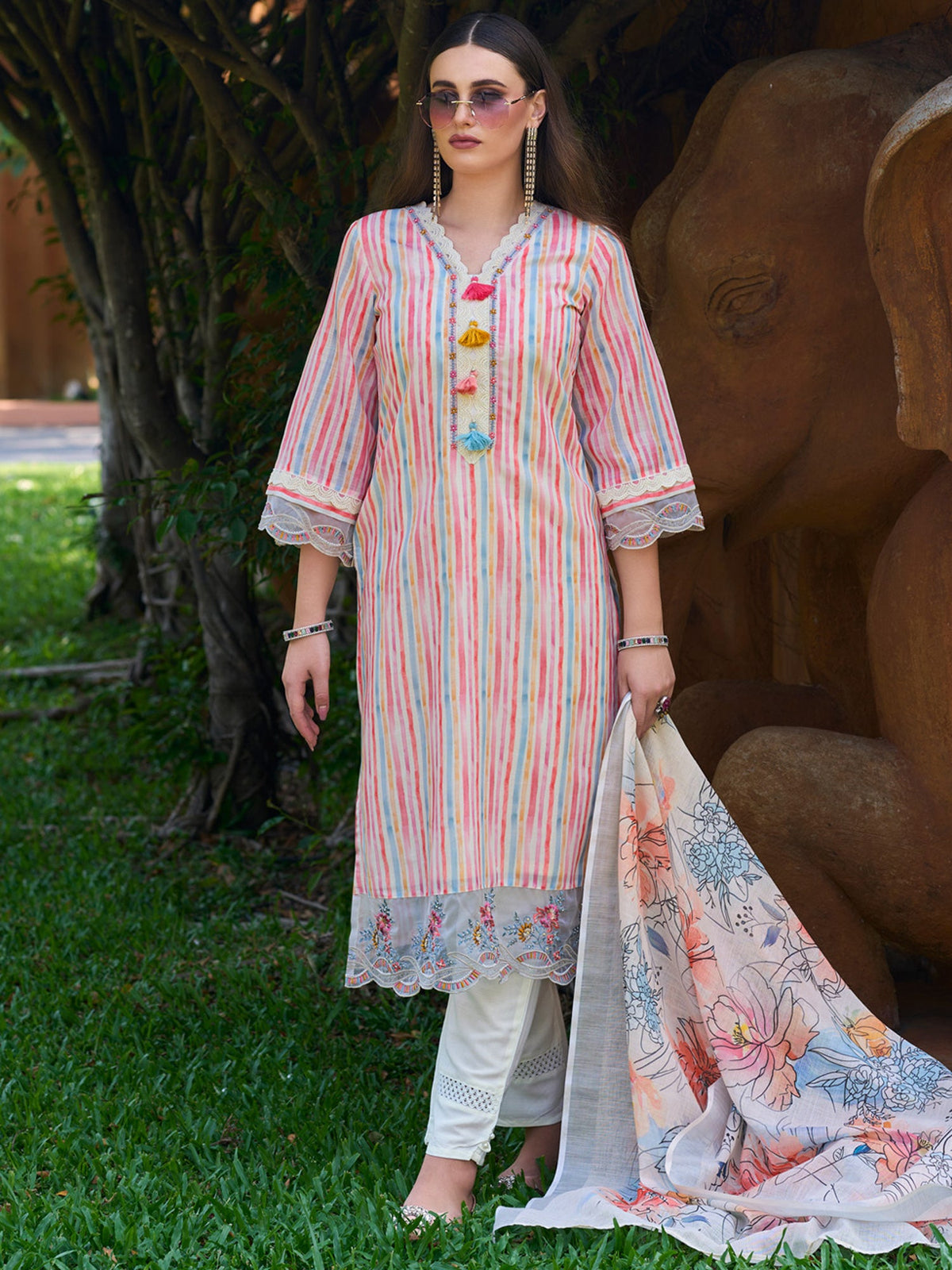 Indo Era Multi Striped Straight Kurta Trousers With Dupatta set