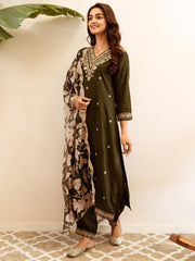 Indo Era Green Embroidered Straight Kurta Salwar With Dupatta set